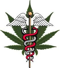 A marijuana leaf behind a medical symbol.