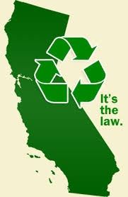 The State of California colored in green with a recycle symbol over it.