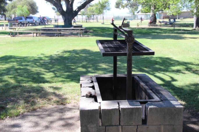 A grill made up of a steel grate hanging over a barbecue pit.